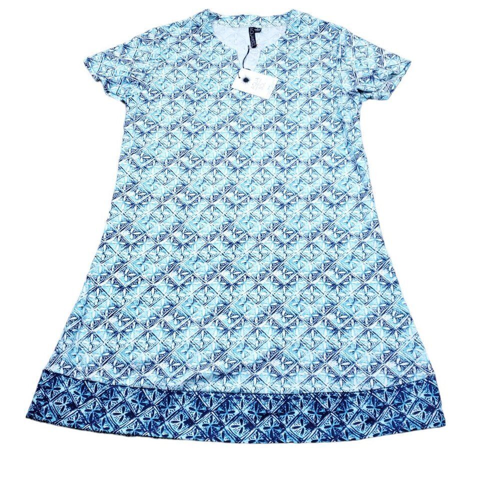 Aqua Et Sol Swim Cover-up Tunic Dress UPF 50 Short Sleeve Blue White Size Small